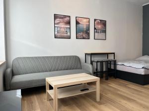 ein Wohnzimmer mit einem Sofa und einem Bett in der Unterkunft Apartament przy Kazimierza in Zielona Góra