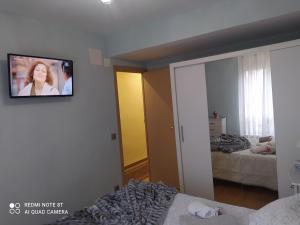 a bedroom with a tv hanging on the wall at Gonzalo de Berceo 15 " CALIDAD-SOBRIO" AND " FREE PRIVATE PARKING " in Logroño