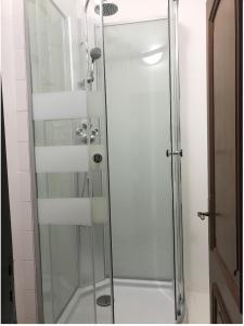 um chuveiro com uma porta de vidro na casa de banho em Green Charming em Lisboa