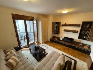 a living room with a couch and a tv at Exclusive studio, great location in Podgorica