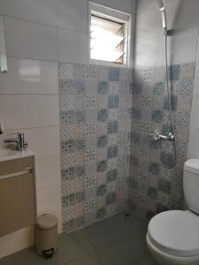 a bathroom with a toilet and a shower with a window at La Maison de Kouadio in Abidjan