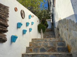 un escalier avec des pots de fleurs bleus sur un mur dans l'établissement Apartamento Rural Bella Vista, à Villaluenga del Rosario
