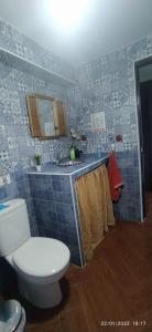 La salle de bains est pourvue de toilettes et d'un mur carrelé bleu. dans l'établissement Apartamento Rural Bella Vista, à Villaluenga del Rosario