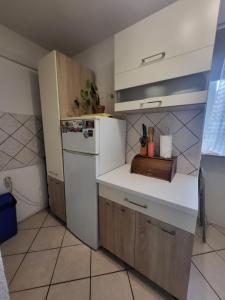 a kitchen with a white refrigerator and a counter top at Apartment Matea in Senj +13 photos