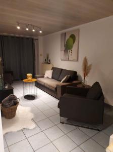 - un salon avec un canapé et une table dans l'établissement appartement rdc plein centre avec terrasse, à Visé