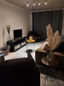 - un salon avec deux canapés et une télévision dans l'établissement appartement rdc plein centre avec terrasse, à Visé