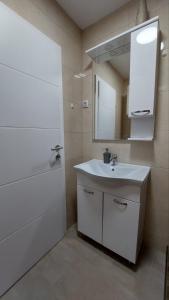 een badkamer met een witte wastafel en een spiegel bij Aleksandar in Banja Luka