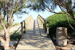 a wooden boardwalk leading to a beach with trees at restaurante pousada gaucha bigode in Passo de Torres