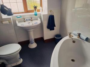 a bathroom with a toilet and a sink and a tub at Balnakiel Cottage, Galashiels in Torwoodlee