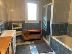 a bathroom with a tub and a sink and a shower at La Marette in Landisacq
