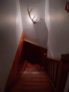 un escalier avec un bois de cerfs sur le mur dans l'établissement Hôtel des Voyageurs, à Ferrières-Saint-Mary