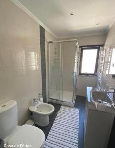 a bathroom with a toilet and a sink and a shower at Terraço d’Aldeia in São Pedro do Sul