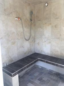 a bathroom with a shower with a tiled wall at FINCA FILANDIA in San Joaquín