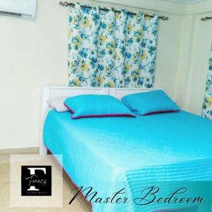 a blue bed with blue pillows in a bedroom at Francis Nook St Joseph Room in San Juan