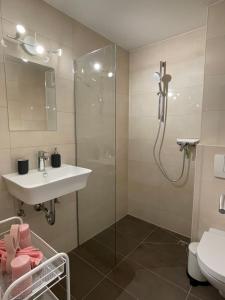 een badkamer met een douche, een wastafel en een toilet bij Central Cosy Apartment in Cologne in Keulen