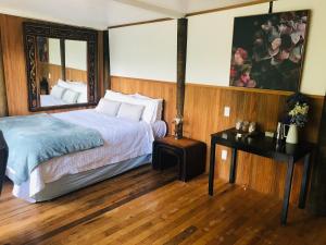 a bedroom with a bed and a mirror on the wall at Villa Vie in Tauranga