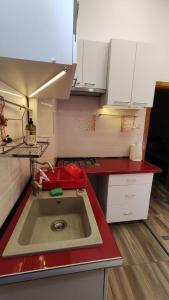 a kitchen with a sink and a red counter top at Cluj Center in Cluj-Napoca +19 photos