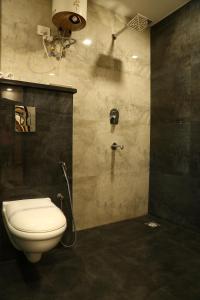 a bathroom with a toilet and a shower at Hotel Kush Ganga - 50 Meter from Har ki Pauri, Haridwar in Haridwār +40 photos