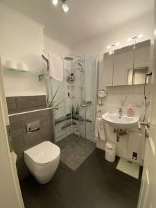 W łazience znajduje się toaleta, umywalka i prysznic. w obiekcie Ferienwohnung-Starkwind w mieście Lemkenhafen auf Fehmarn