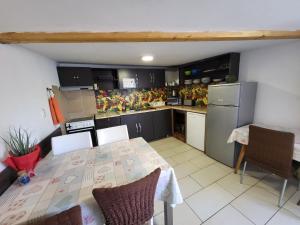 a kitchen with a table and chairs and a refrigerator at Pension Haus Baron 1 Neckarau in Mannheim