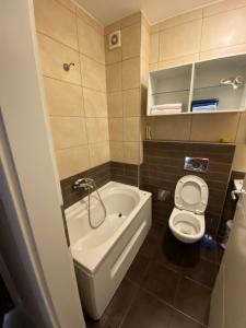 ein kleines Bad mit einer Badewanne und einem WC in der Unterkunft Apartman Perovic in Kotor