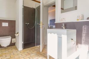 a bathroom with a toilet and a sink and a shower at HofGut Bockelkathen Apartment 5 in Lüdersburg