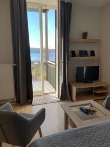 ein Wohnzimmer mit Blick auf einen Balkon in der Unterkunft Einraumapartment mit Seeblickbalkon in Rheinsberg