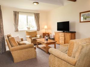 a living room with two chairs and a flat screen tv at Tilly Mint Cottage in Penrith