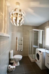 La salle de bains est pourvue de toilettes et d'un lave-linge. dans l'établissement Apartment Montaigne, à Cannes