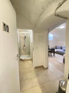 a bathroom with a shower and a room with a couch at Cozy Flat near City Center - Souterrain - Limited Free Parking in Innsbruck