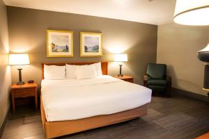 a bedroom with a bed and a chair and two lamps at La Quinta Inn by Wyndham Milwaukee Airport / Oak Creek in Oak Creek +25 photos
