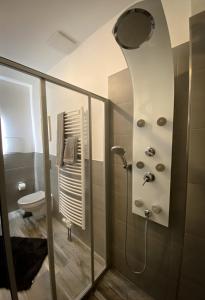 La salle de bains est pourvue d'une douche et de toilettes. dans l'établissement New Deluxe Studio Apartment in quiet back house, à Dresde