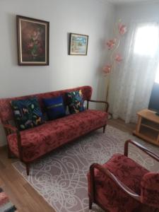 哈爾瑪的住宿－Huoneistomajoitus Hella Härmä，客厅配有红色的沙发和桌子