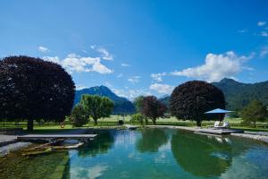 un étang dans un parc avec des montagnes en arrière-plan dans l'établissement Schüle's Wellnessresort & SPA Adults Only, à Oberstdorf