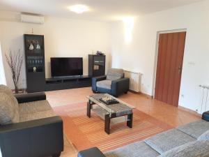 a living room with two couches and a tv at Holiday home Elis in Fažana
