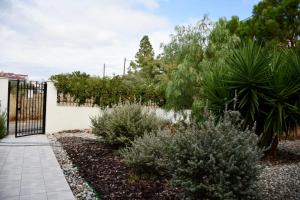 un jardín con una puerta y plantas en Apartment beach house, en Chalkida