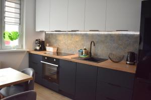 cocina con fregadero y encimera en Apartament w centrum przy parku na Wyspie, en Piła