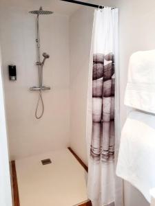 a bathroom with a shower and a shower curtain at Votre studio balnéo bien-être à la montagne in Thollon