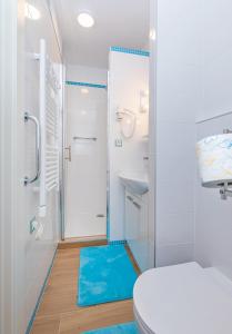 La salle de bains est pourvue d'une douche et de toilettes avec un tapis bleu. dans l'établissement Stylish studio Dare next to the City walls, à Dubrovnik