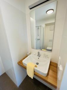 ein Bad mit einem Waschbecken und einem Spiegel in der Unterkunft Creo München Süd in München