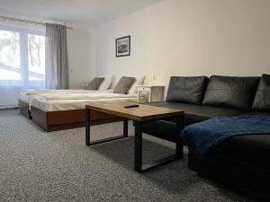 a living room with a couch and a bed and a coffee table at Garbarska 22 Aparthotel in Krakow