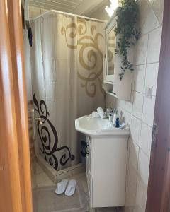 baño con lavabo y cortina de ducha en Dream House Efi, en Ravdhoúkha
