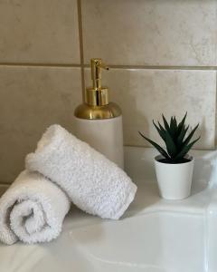 a white towel on a bathroom sink with a plant at Dream House Efi in Ravdhoúkha
