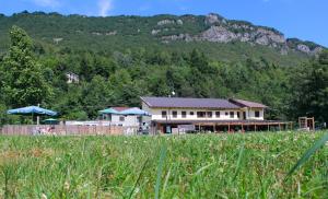 a house in a field next to a mountain at Wolf Village in Demonte