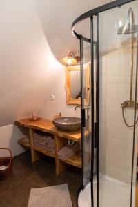 a bathroom with a sink and a shower at Perníkovka in Štramberk