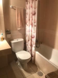 La salle de bains est pourvue de toilettes blanches et d'un rideau de douche. dans l'établissement Villa Marina Apartment, à Benidorm