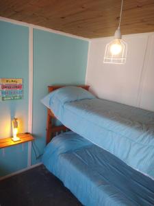 a bedroom with a bed with a light and a lamp at La Escondida. Hasta p /6 personas. Parrilla. WiFi in Puerto Pirámides