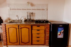 eine Küche mit einer Spüle und einem schwarzen Kühlschrank in der Unterkunft Hakuna Matata in Malargüe