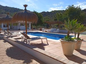 een resort met een zwembad met stoelen en parasols bij Finca Las Hierbas B&B in Alora