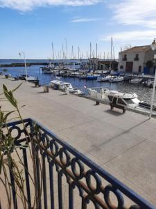 un puerto deportivo con barcos en el agua y una valla en Appartement de charme sur le Port de Marseillan en Marseillan